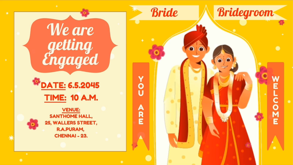Engagement Ceremony Invite in English, Tamil, and Telugu for Indian marriages. 